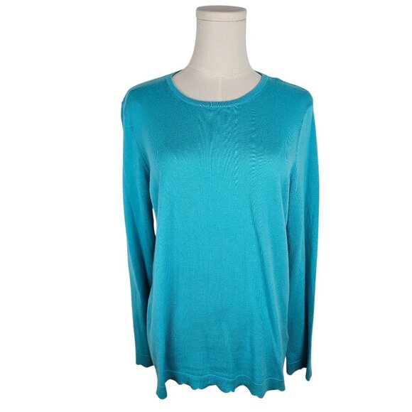 J. Mclaughlin Sweater Medium Knit Top Scalloped Hem Turquoise Cotton Cashmere - Picture 1 of 10
